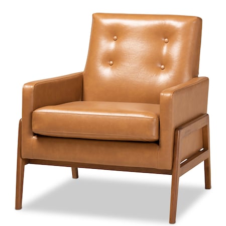 BAXTON STUDIO Perris Mid-Century Modern Tan Faux Leather and Walnut Brown Finished Wood Lounge Chair 175-10869-Zoro